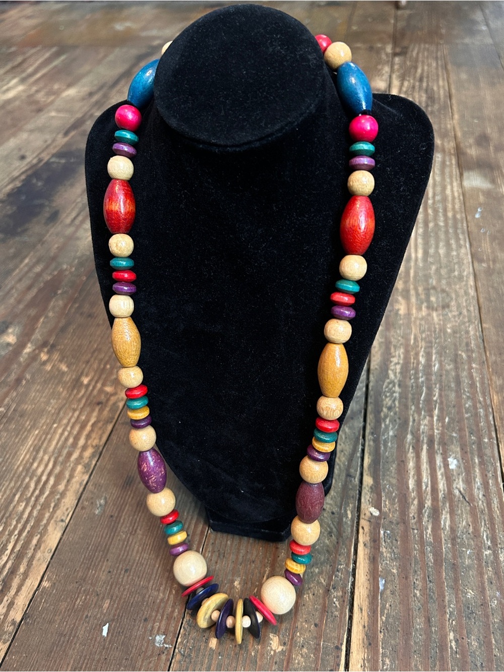 Vtg Long 27” Hand-Dyed Colorful Wooden Bead Necklace - Multicolor